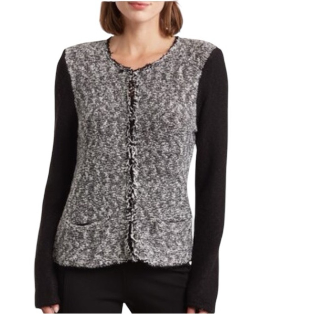 Donna Karan Classic Soft Fringe Detail Colorblock Lagenlook Preppy Cardigan XL